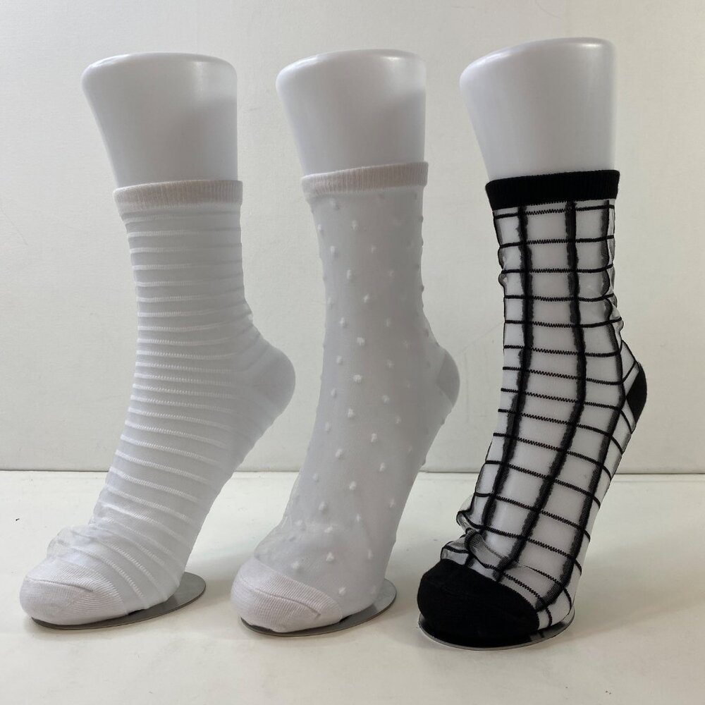 Womens Crew Socks Set 3 Sheer Polka Dots Stripes Checkered White Black